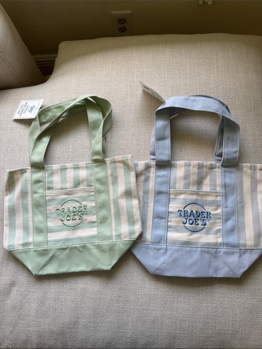 Trader Joe’s Women's Striped Canvas Tote Mint & Light blue. Set of 2. NEW